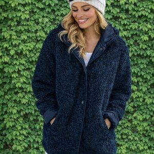 NWT HALOGEN Blue Hooded Sherpa Style Reversible Coat, S